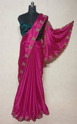 Gorgeous Chinon Saree With Amazing Zari Embroidery Border With And Contrast Blouse Piece 4