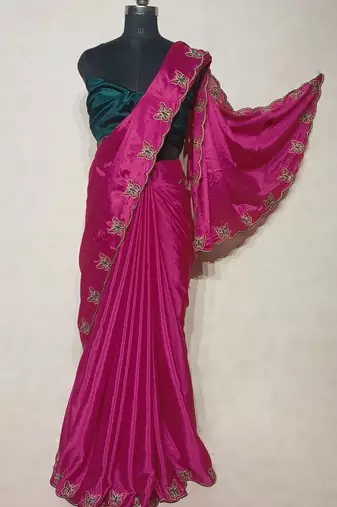 Gorgeous Chinon Saree With Amazing Zari Embroidery Border With And Contrast Blouse Piece