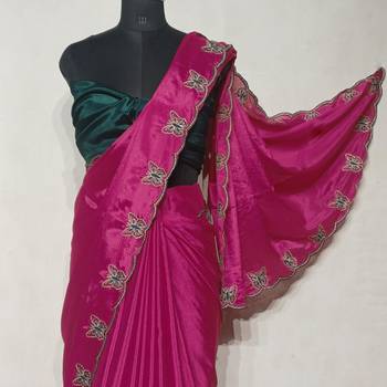Gorgeous Chinon Saree With Amazing Zari Embroidery Border With And Contrast Blouse Piece 5