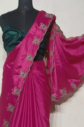 Gorgeous Chinon Saree With Amazing Zari Embroidery Border With And Contrast Blouse Piece
