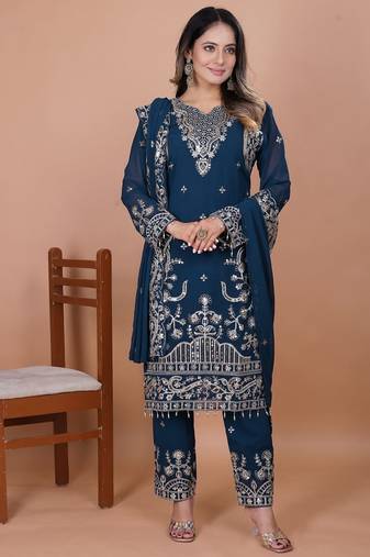 Navy blue georgette party wear embroidery sharara suit set