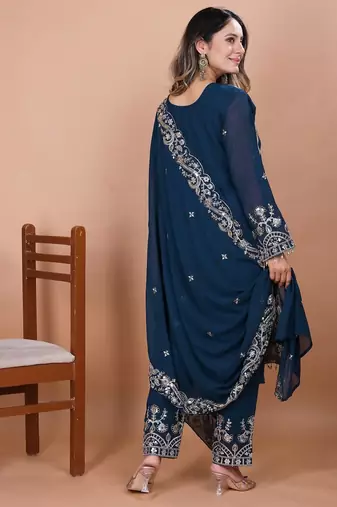 Navy blue georgette party wear embroidery sharara suit set