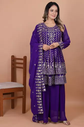 Purple georgette party wear embroidery sharara suit set