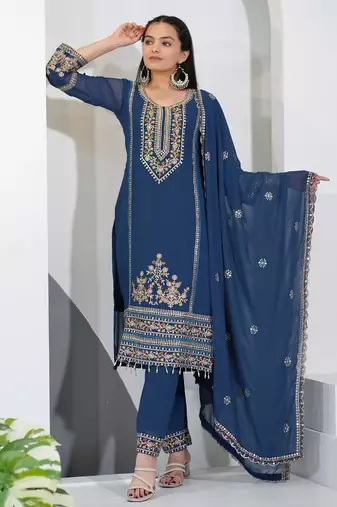 Navy blue georgette party wear embroidery suit set