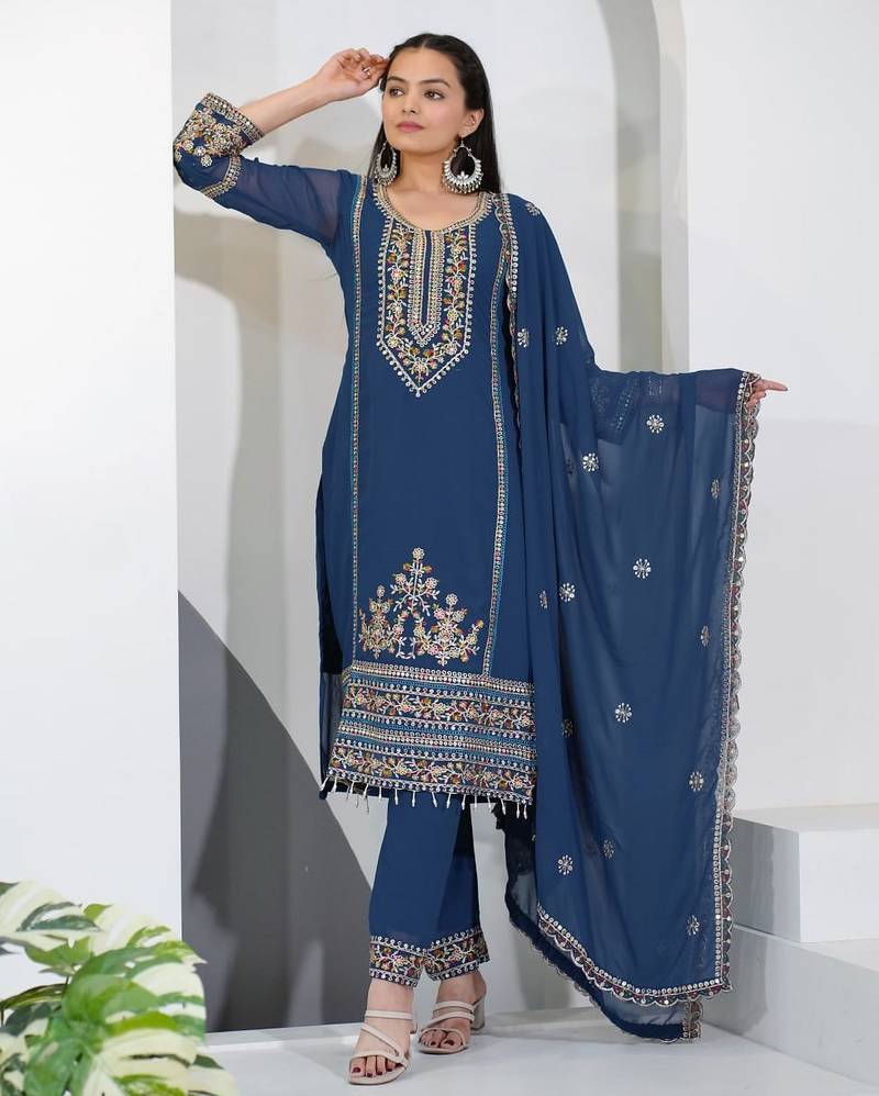 Navy blue georgette party wear embroidery suit set