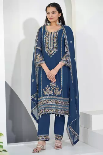 Navy blue georgette party wear embroidery suit set