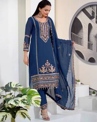 Navy blue georgette party wear embroidery suit set 3