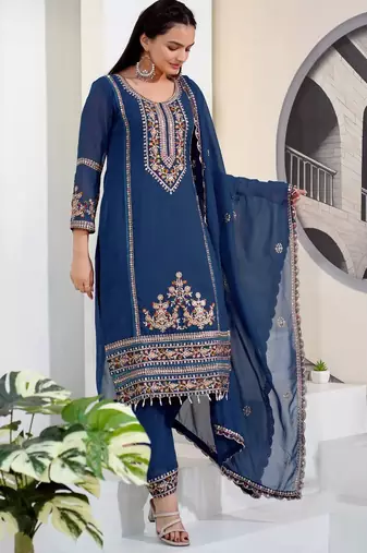 Navy blue georgette party wear embroidery suit set