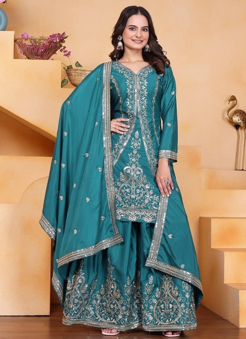 Sky green crep silk party wear embroidery suit set