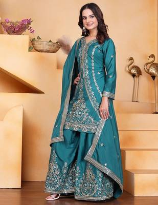 Sky green crep silk party wear embroidery suit set 2