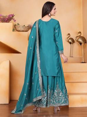Sky green crep silk party wear embroidery suit set 4