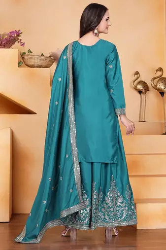 Sky green crep silk party wear embroidery suit set