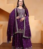 Purple creap silk  party wear embroidery sharara suit