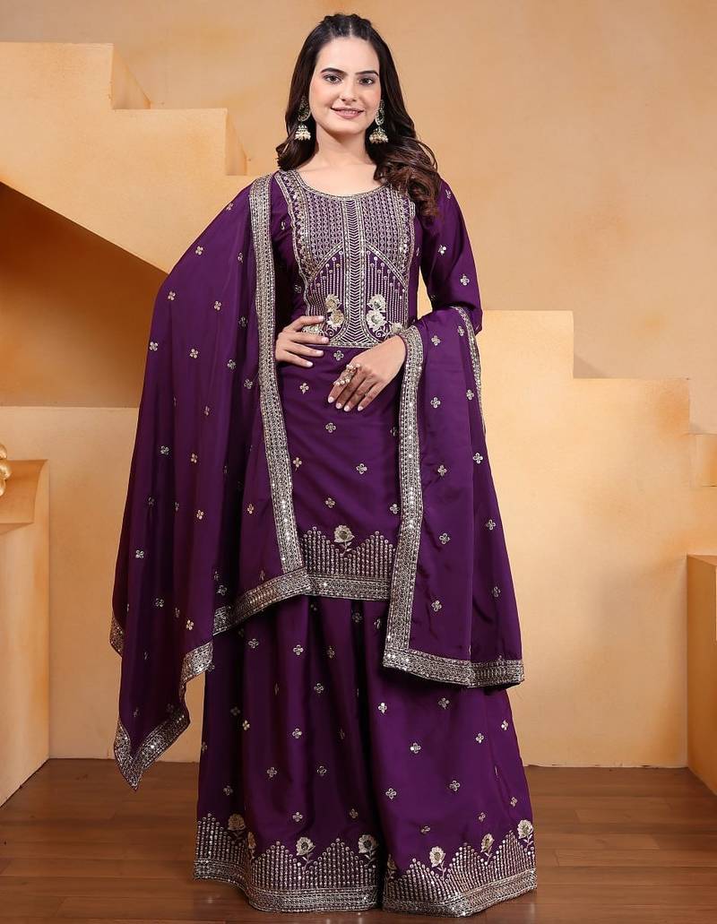 Purple creap silk  party wear embroidery sharara suit
