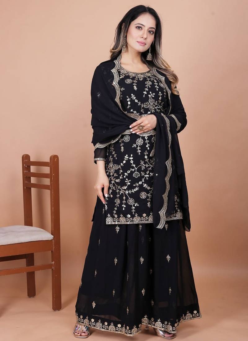 Black  georgette party wear embroidery sharara suit set