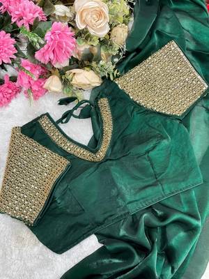 Green Color  hand embroidery beats work art silk saree 3