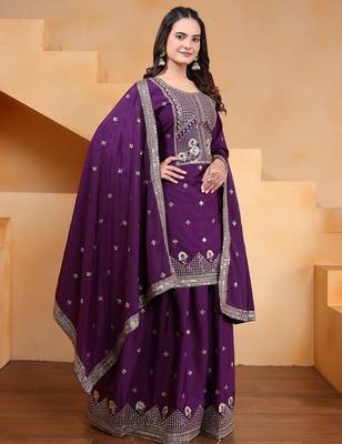 Purple creap silk  party wear embroidery sharara suit 2