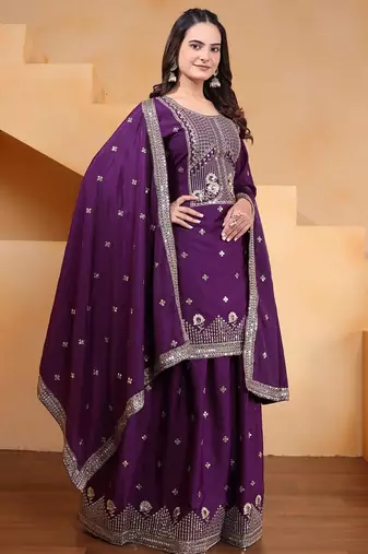Purple creap silk  party wear embroidery sharara suit