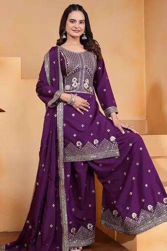 Purple creap silk  party wear embroidery sharara suit