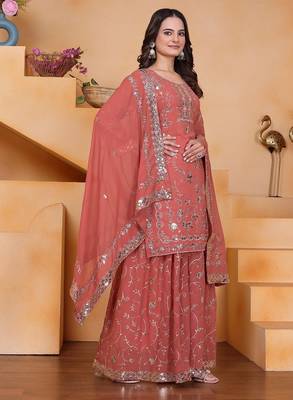 Peach   georgette party wear embroidery sharara suit set 4