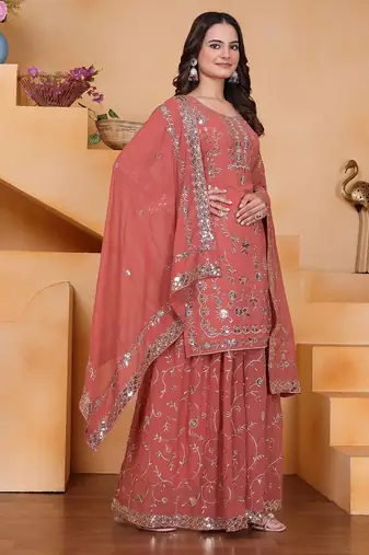 Peach   georgette party wear embroidery sharara suit set