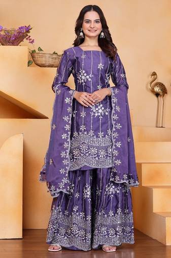 Light purple chinon silk party wear embroidery sharara suit