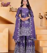 Light purple chinon silk party wear embroidery sharara suit