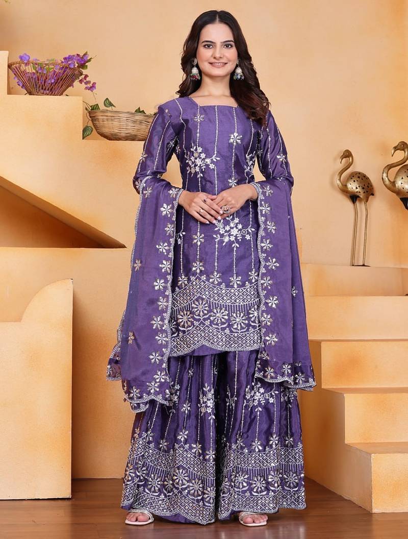 Light purple chinon silk party wear embroidery sharara suit