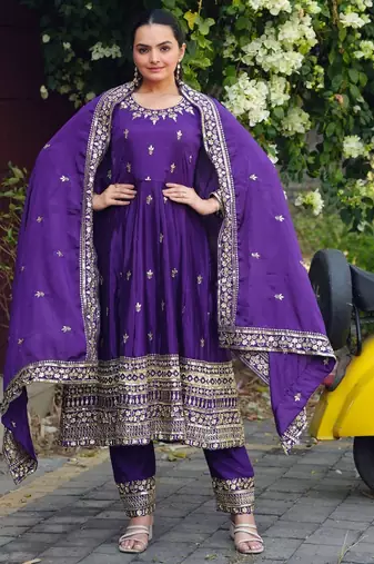 purple chinon silk party wear embroidery sharara suit
