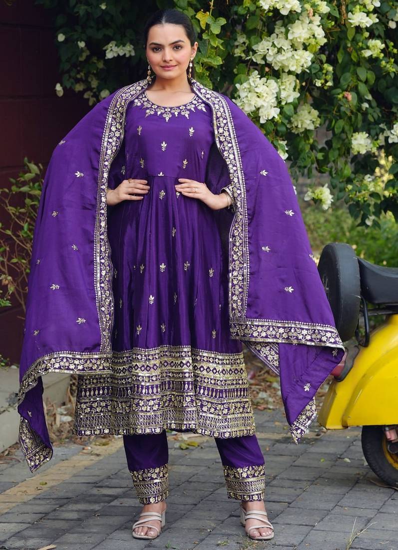 purple chinon silk party wear embroidery sharara suit