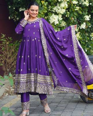 purple chinon silk party wear embroidery sharara suit 2