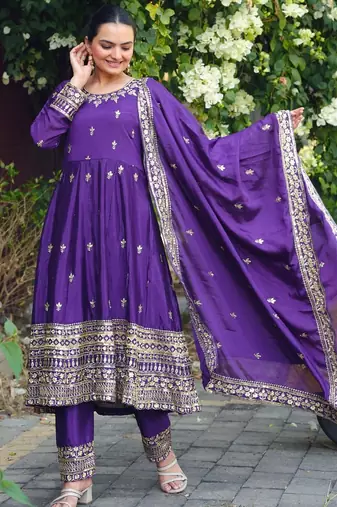 purple chinon silk party wear embroidery sharara suit