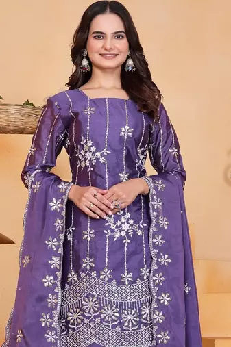 Light purple chinon silk party wear embroidery sharara suit