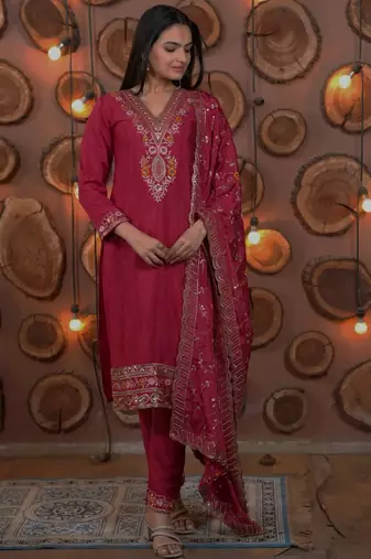 Pink chinon silk party wear embroidery sharara suit