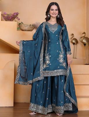 Rama green chino silk party wear embroidery sharara suit set 1