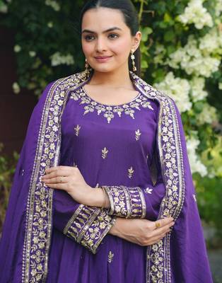 purple chinon silk party wear embroidery sharara suit 4