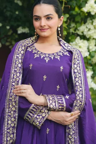 purple chinon silk party wear embroidery sharara suit