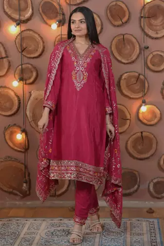 Pink chinon silk party wear embroidery sharara suit