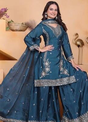Rama green chino silk party wear embroidery sharara suit set 2