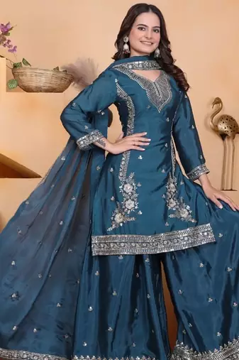 Rama green chino silk party wear embroidery sharara suit set