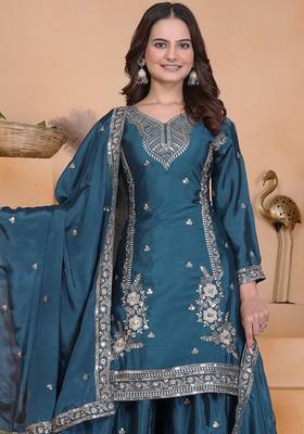 Rama green chino silk party wear embroidery sharara suit set 3