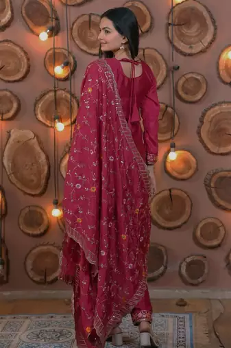 Pink chinon silk party wear embroidery sharara suit