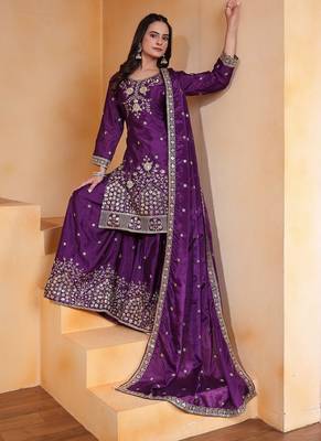 purple chinon silk party wear embroidery sharara suit 3