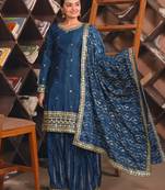 Navy blue chinon silk party wear embroidery suit set