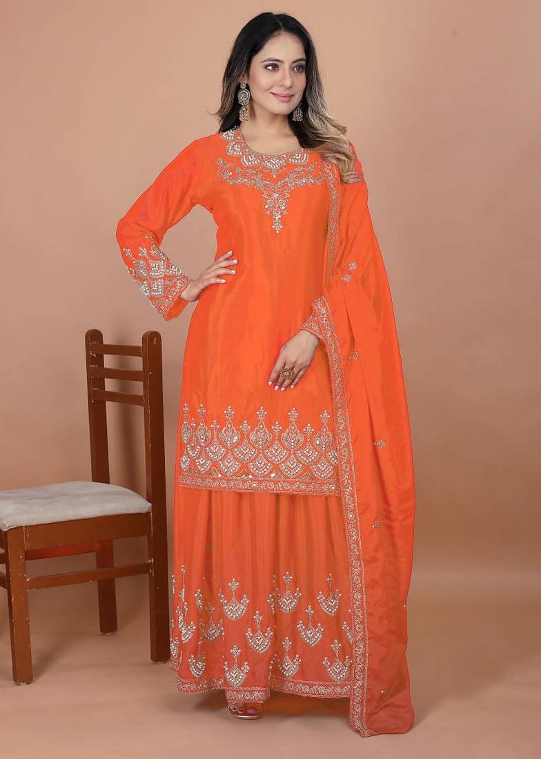 Orange  chinon silk party wear embroidery sharara suit
