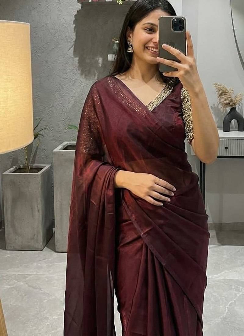 Maroon Color  hand embroidery beats work Silk Saree