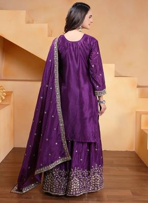 purple chinon silk party wear embroidery sharara suit 4