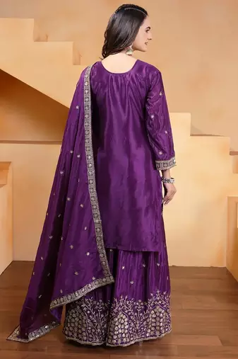 purple chinon silk party wear embroidery sharara suit
