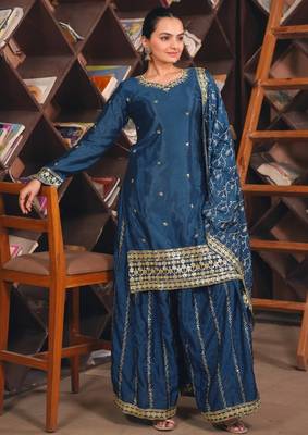 Navy blue chinon silk party wear embroidery suit set 2