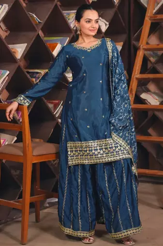 Navy blue chinon silk party wear embroidery suit set